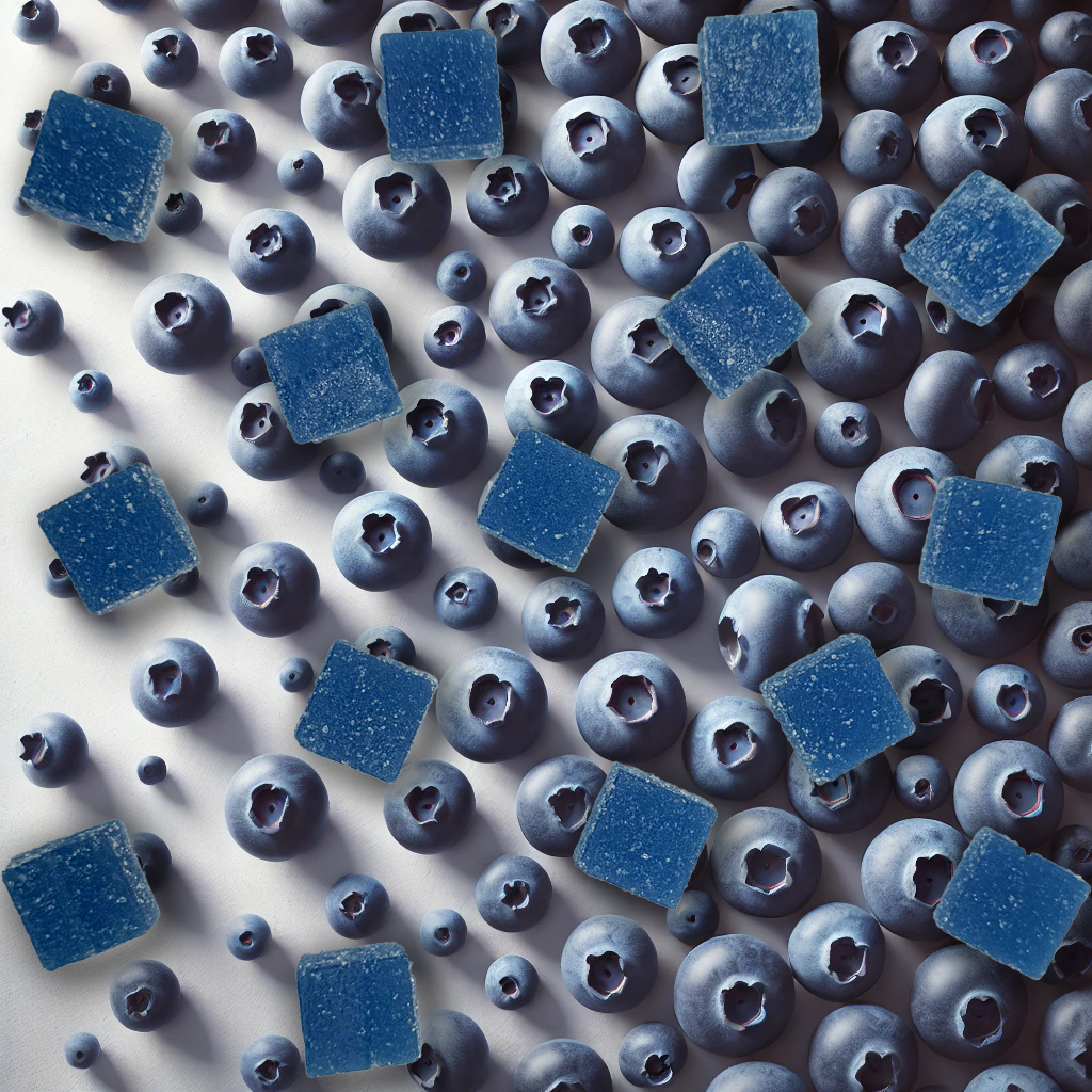 Image of blueberry gummies on blueberries