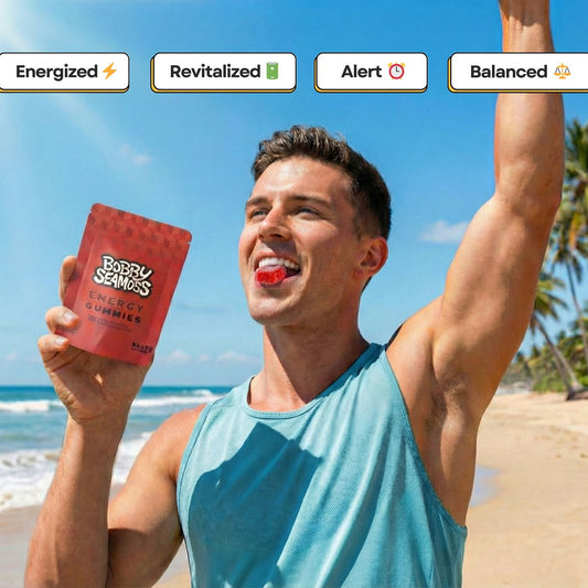 Man on a beach holding a red supplement packet with text 'Energized', 'Revitalized', 'Alert', and 'Balanced'.