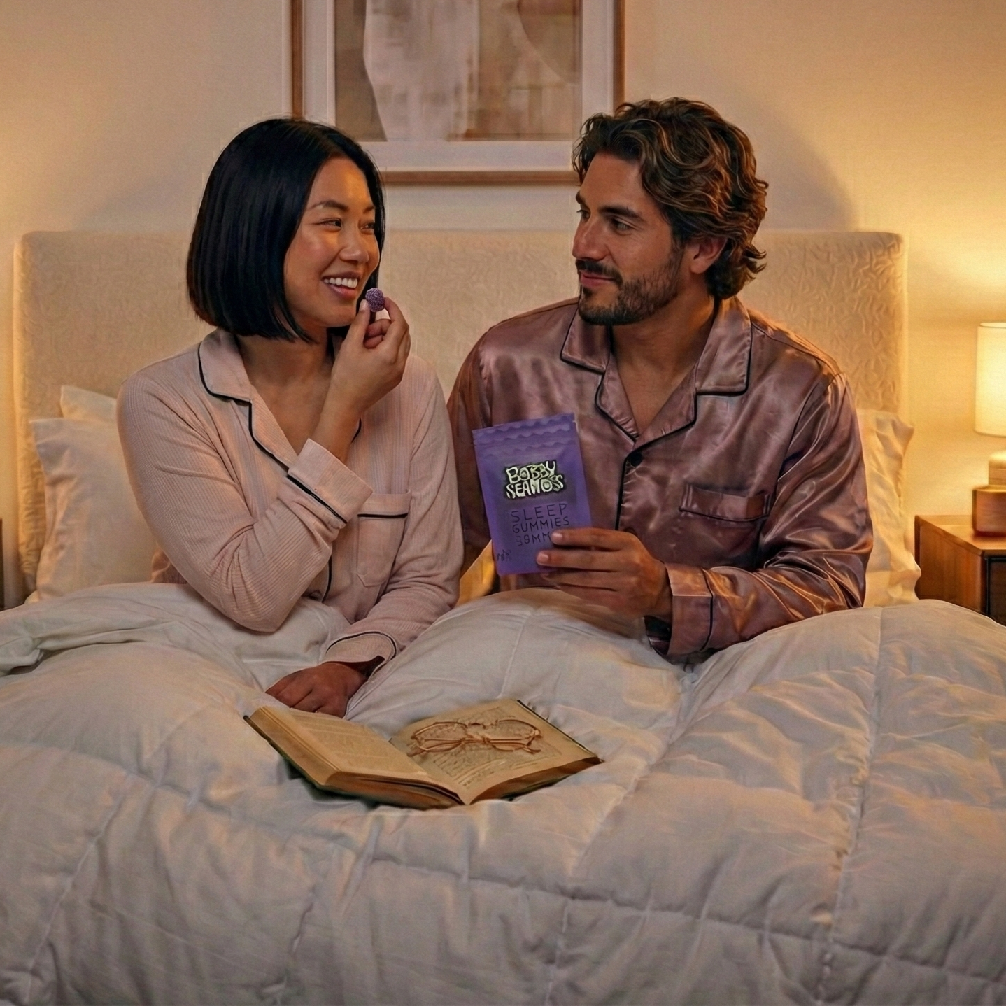 Man and woman in pajamas sitting on a bed with books, in a warm and cozy bedroom setting.